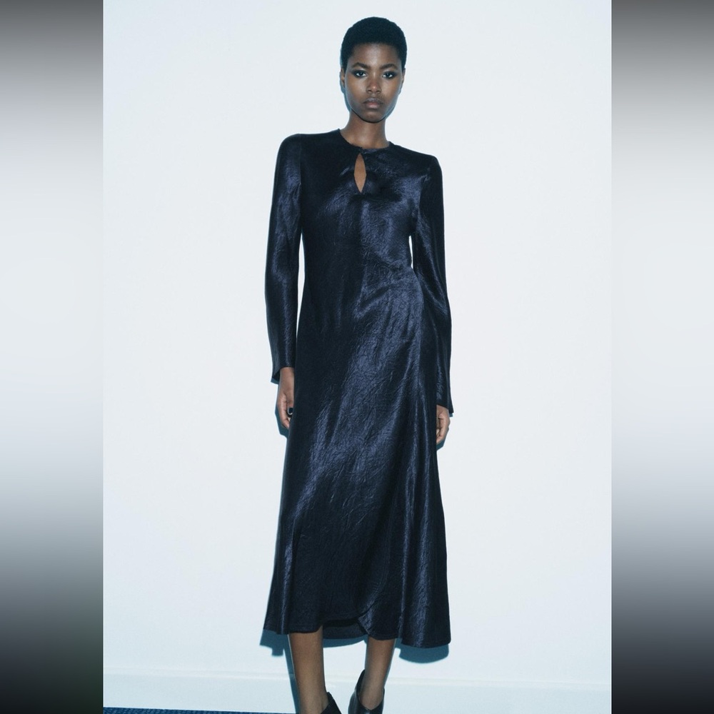 Deep blue satin effect midi dress